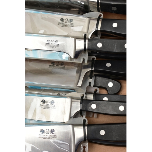 112 - A BOX OF NEW AND UNOPENED KITCHEN KNIVES, twelve in total to include four 8  chefs knives, two 6  co... 