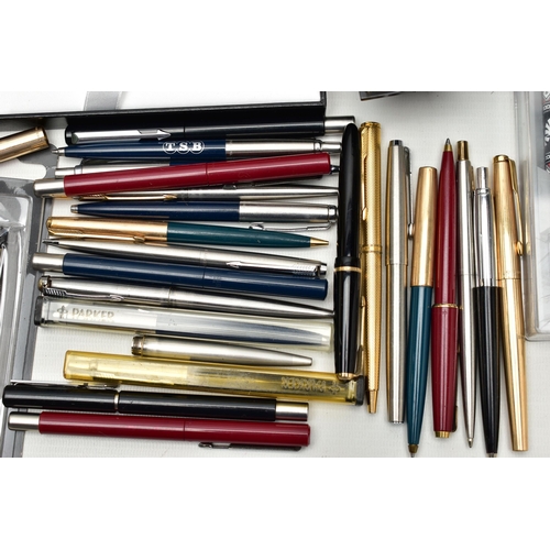 113 - A BOX OF ASSORTED 'PARKER' PENS, to include a lady Duo-fold, Frontier roller ball, a cased Sonnet Fr... 