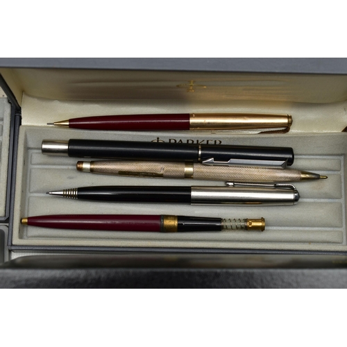 113 - A BOX OF ASSORTED 'PARKER' PENS, to include a lady Duo-fold, Frontier roller ball, a cased Sonnet Fr... 