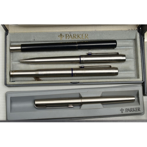 113 - A BOX OF ASSORTED 'PARKER' PENS, to include a lady Duo-fold, Frontier roller ball, a cased Sonnet Fr... 