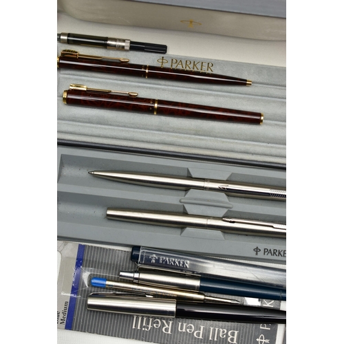 113 - A BOX OF ASSORTED 'PARKER' PENS, to include a lady Duo-fold, Frontier roller ball, a cased Sonnet Fr... 