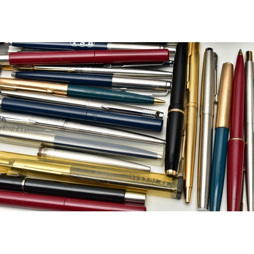 113 - A BOX OF ASSORTED 'PARKER' PENS, to include a lady Duo-fold, Frontier roller ball, a cased Sonnet Fr... 