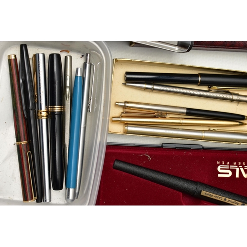 114 - A BOX OF ASSORTED PENS, to include a boxed 'Waterman' ball point, a boxed 'Cross' matt black fountai... 