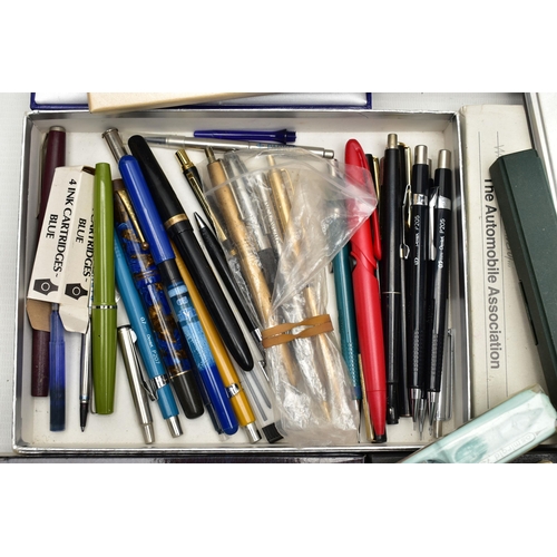 114 - A BOX OF ASSORTED PENS, to include a boxed 'Waterman' ball point, a boxed 'Cross' matt black fountai... 