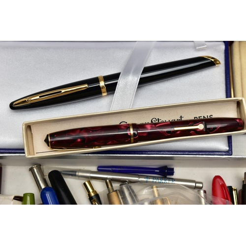 114 - A BOX OF ASSORTED PENS, to include a boxed 'Waterman' ball point, a boxed 'Cross' matt black fountai... 