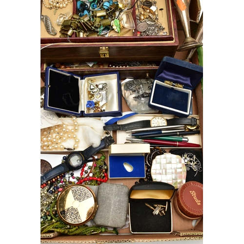 116 - A BOX OF ASSORTED ITEMS, to include a brown multi storage jewellery box with contents to include a w... 