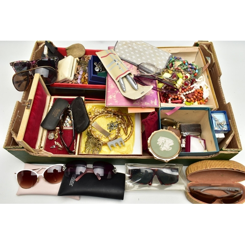 117 - A BOX OF ASSORTED COSTUME JEWELLERY AND ITEMS, to include various beaded necklaces, imitation pearl ... 