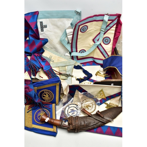 119 - A BOX OF MASONIC REGALIA AND A DAGGER, to include Masonic sashes, a pair of blue and gold detailed g... 