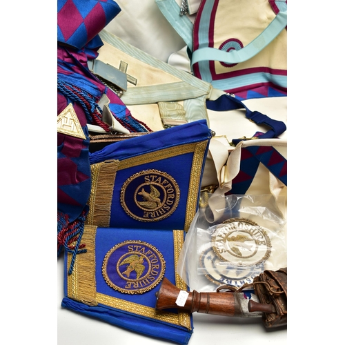 119 - A BOX OF MASONIC REGALIA AND A DAGGER, to include Masonic sashes, a pair of blue and gold detailed g... 