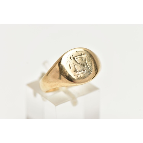 12 - A GENTS 9CT GOLD SIGNET RING, rounded square form with worn initial engraving, polished band, hallma... 