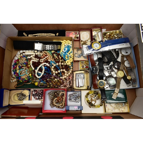 120 - A BOX OF ASSORTED COSTUME JEWELLERY AND WRISTWATCHES, to include a gents 'Ben Sherman' wristwatch, o... 