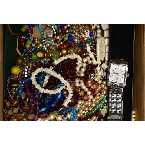 120 - A BOX OF ASSORTED COSTUME JEWELLERY AND WRISTWATCHES, to include a gents 'Ben Sherman' wristwatch, o... 