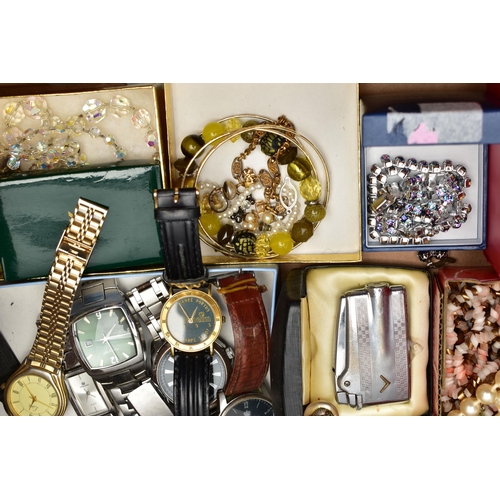 120 - A BOX OF ASSORTED COSTUME JEWELLERY AND WRISTWATCHES, to include a gents 'Ben Sherman' wristwatch, o... 