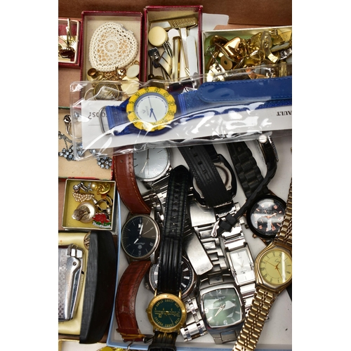 120 - A BOX OF ASSORTED COSTUME JEWELLERY AND WRISTWATCHES, to include a gents 'Ben Sherman' wristwatch, o... 