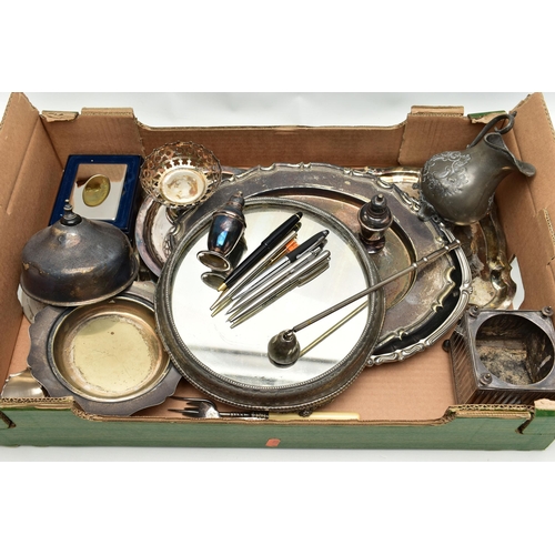 121 - A BOX OF ASSORTED WHITE METAL WARE, to include a silver plate and mirrored base, three large trays, ... 