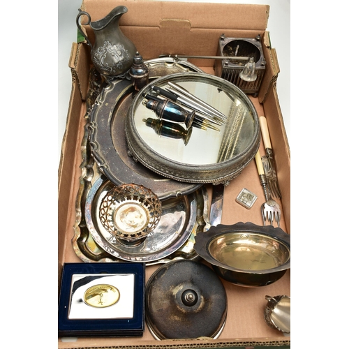 121 - A BOX OF ASSORTED WHITE METAL WARE, to include a silver plate and mirrored base, three large trays, ... 