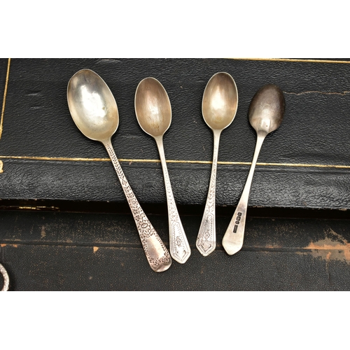 122 - A BOX OF ASSORTED SILVER TEASPOONS AND WHITE METAL WARE, to include four silver teaspoons, all with ... 