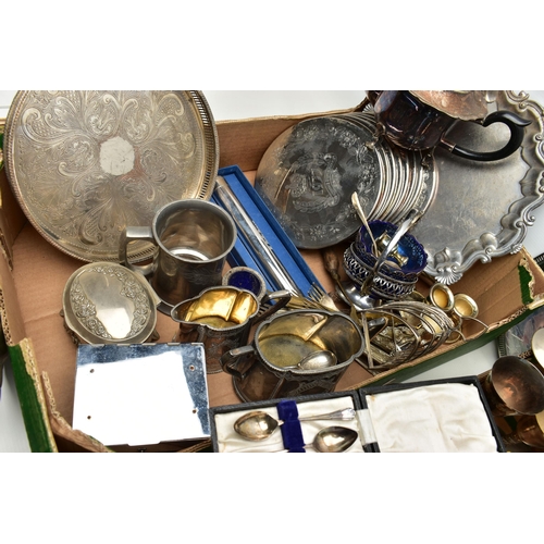 126 - TWO BOXES OF ASSORTED WHITE METAL WARE, to include EPNS trays, toast racks, plate coasters, condimen... 