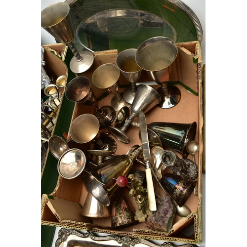 126 - TWO BOXES OF ASSORTED WHITE METAL WARE, to include EPNS trays, toast racks, plate coasters, condimen... 