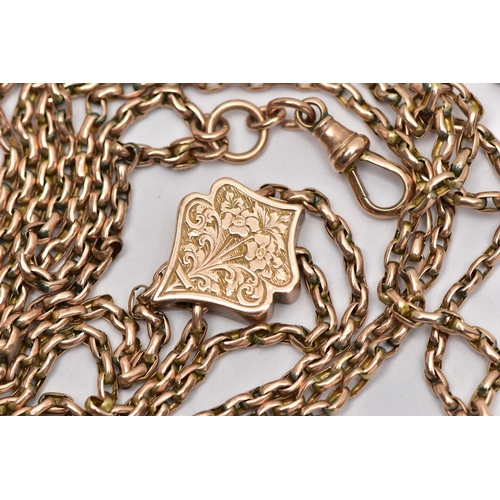 14 - A YELLOW METAL DOUBLE LONGUARD CHAIN, double belcher link chains with a floral detailed sliding char... 