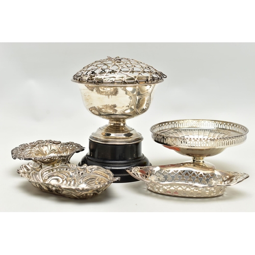 152 - FIVE VICTORIAN TO GEORGE V SILVER NUT DISHES, BONBON DISH AND ROSE BOWL, comprising a small rose bow... 