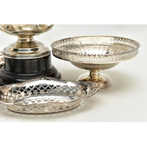 152 - FIVE VICTORIAN TO GEORGE V SILVER NUT DISHES, BONBON DISH AND ROSE BOWL, comprising a small rose bow... 