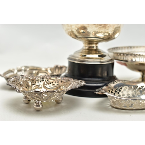 152 - FIVE VICTORIAN TO GEORGE V SILVER NUT DISHES, BONBON DISH AND ROSE BOWL, comprising a small rose bow... 