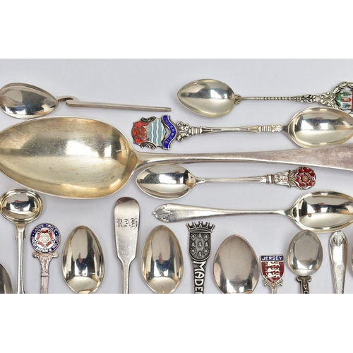 154 - A PARCEL OF ASSORTED late 18TH, 19TH AND 20TH CENTURY SILVER AND WHITE METAL SPOONS, comprising a Pe... 