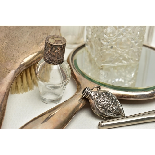 155 - ASSORTED SILVER AND WHITE METAL ITEMS, to include a vanity hair brush and hand held mirror, both of ... 