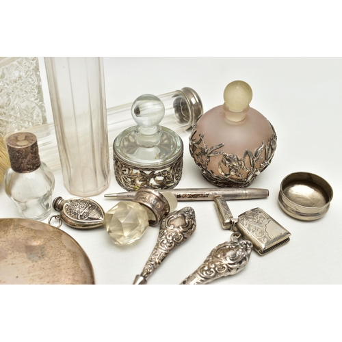 155 - ASSORTED SILVER AND WHITE METAL ITEMS, to include a vanity hair brush and hand held mirror, both of ... 