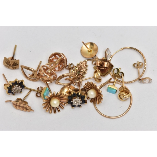 18 - A BAG OF ASSORTED YELLOW METAL EARRINGS, to include ten pairs of stud earrings, and a pair of sleepe... 