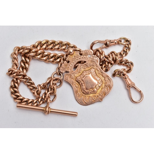 2 - AN EARLY 20TH CENTURY, 9CT ROSE GOLD DOUBLE ALBERT CHAIN AND FOB MEDAL, two graduated curb link chai... 