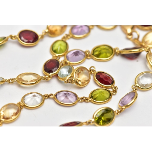 20 - AN 18CT YELLOW GOLD, MULTI GEM SPECTACLE SET NECKLACE, designed as a series of oval cut gemstones su... 