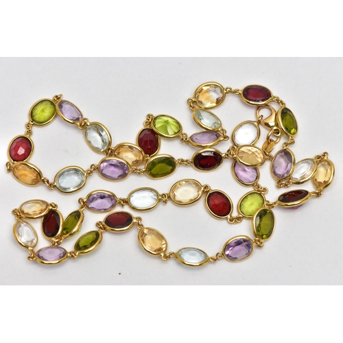 20 - AN 18CT YELLOW GOLD, MULTI GEM SPECTACLE SET NECKLACE, designed as a series of oval cut gemstones su... 