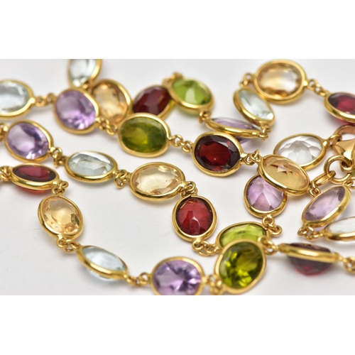 20 - AN 18CT YELLOW GOLD, MULTI GEM SPECTACLE SET NECKLACE, designed as a series of oval cut gemstones su... 