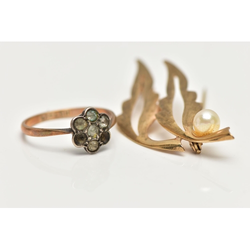 24 - A 9CT GOLD BROOCH AND A RING, openwork leaf brooch set with a single cultured pearl, fitted with a b... 