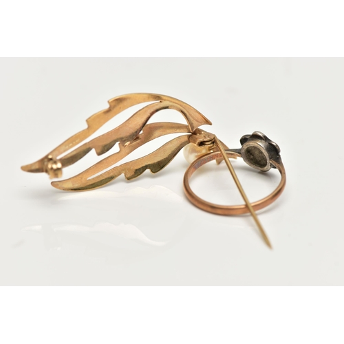 24 - A 9CT GOLD BROOCH AND A RING, openwork leaf brooch set with a single cultured pearl, fitted with a b... 