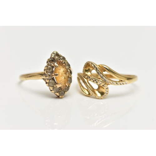 26 - TWO RINGS, the first a 9ct gold cluster ring set with a marquise cut citrine in a surround of colour... 