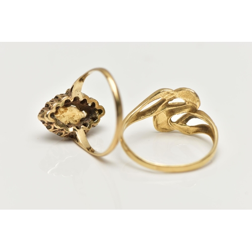 26 - TWO RINGS, the first a 9ct gold cluster ring set with a marquise cut citrine in a surround of colour... 