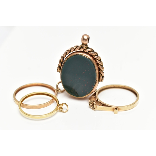 3 - A 9CT GOLD SWIVEL FOB AND THREE COIN MOUNTS, the oval swivel fob set with blood stone and carnelian ... 