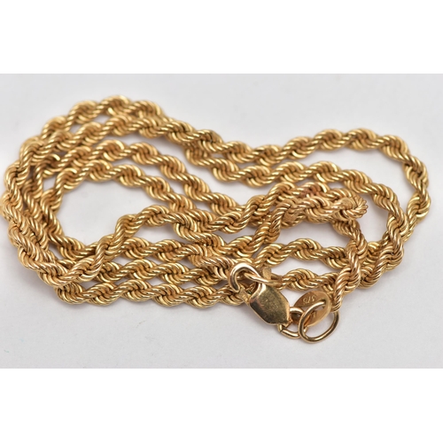 33 - A 9CT GOLD ROPE CHAIN NECKLACE, yellow gold chain, fitted with a lobster clasp, approximate length 4... 