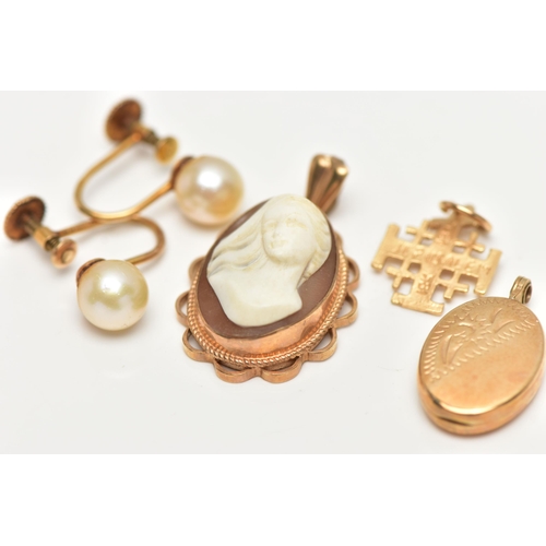 35 - AN ASSORTMENT OF 9CT GOLD AND YELLOW METAL JEWELLERY, to include a shell cameo pendant, collet set i... 