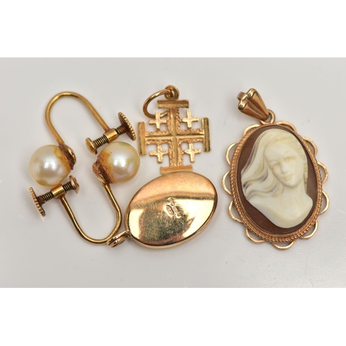 35 - AN ASSORTMENT OF 9CT GOLD AND YELLOW METAL JEWELLERY, to include a shell cameo pendant, collet set i... 