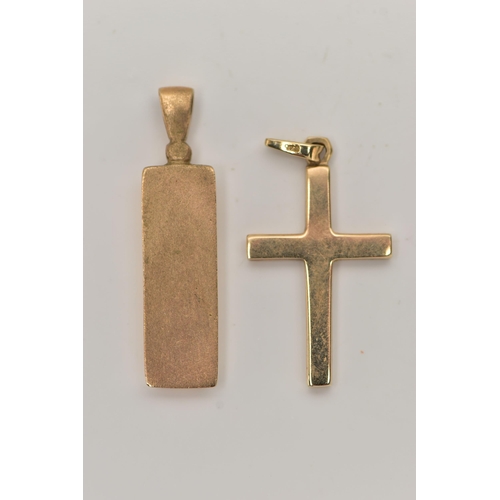 37 - A 9CT GOLD INGOT PENDANT AND YELLOW METAL CROSS PENDANT, a small yellow gold ingot pendant, hallmark... 