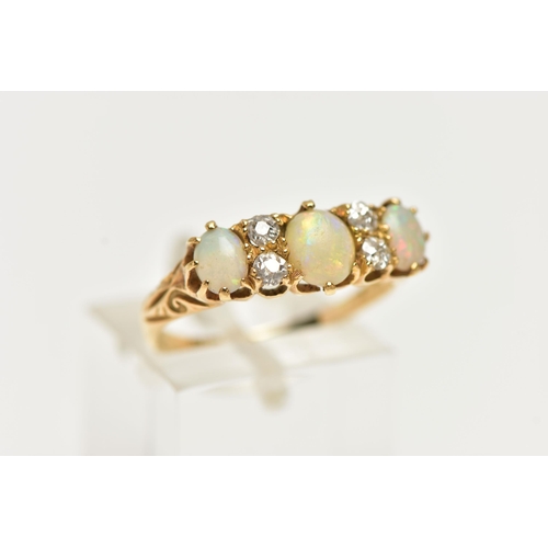 38 - A EARLY 20TH CENTURY 18CT GOLD OPAL AND DIAMOND RING, three cabochon opals, interspaced with four ol... 