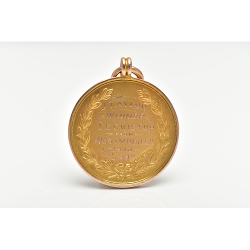 4 - A 9CT GOLD FOB MEDAL, of a circular form, depicting a pigeon to the front, reverse has a personal in... 