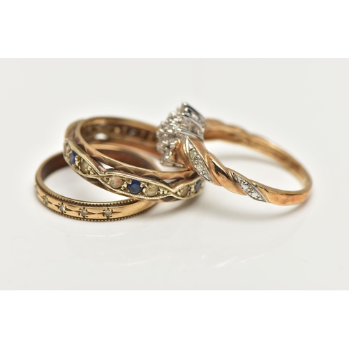 41 - THREE GEM SET RINGS, the first a 9ct yellow gold cluster ring, set with twenty three round brilliant... 