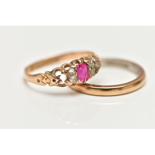 42 - A LATE 19TH CENTURY 15CT GOLD GEM SET RING AND A YELLOW METAL BAND RING, the first an oval cut ruby,... 