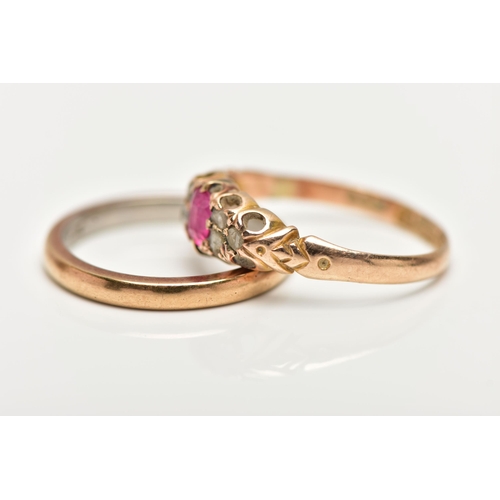 42 - A LATE 19TH CENTURY 15CT GOLD GEM SET RING AND A YELLOW METAL BAND RING, the first an oval cut ruby,... 