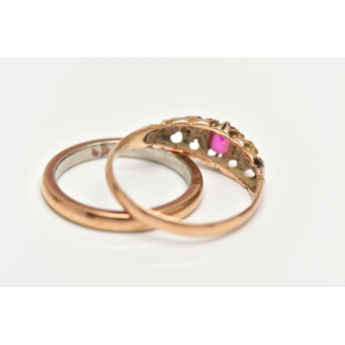 42 - A LATE 19TH CENTURY 15CT GOLD GEM SET RING AND A YELLOW METAL BAND RING, the first an oval cut ruby,... 